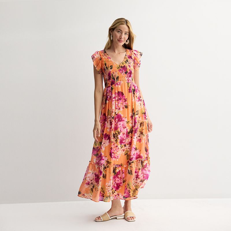 Women’s Maison Tara Smock V-Neck Bodice Floral Maxi Dress,