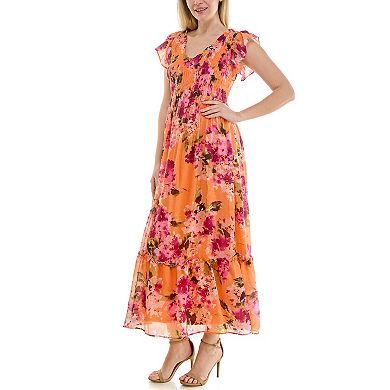 Women's Maison Tara Smock V-Neck Bodice Floral Maxi Dress