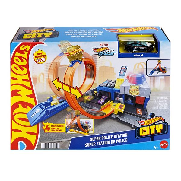 Hot Wheels City Super Police Station Playset with 1:64 Scale Police Toy Car & Adjustable Track Loop