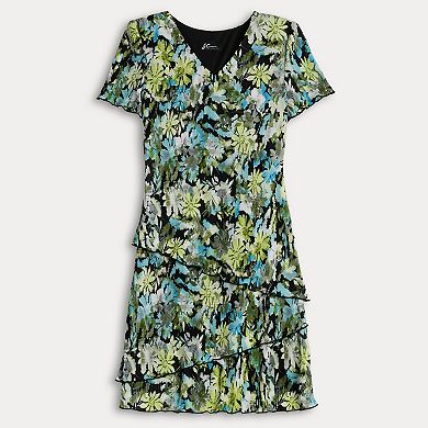 Petite Studio Connection Printed V-Neck Short Sleeve Tiered Skirt Dress