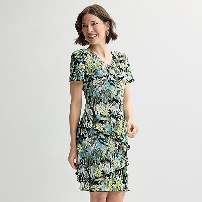 Petite Studio Connection Printed V-Neck Short Sleeve Tiered Skirt