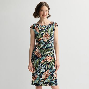 Petite Studio Connection Printed Cap Sleeve Asymmetrical Neck Drape Skirt Dress