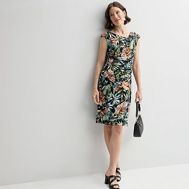 Petite Studio Connection Printed Cap Sleeve Asymmetrical Neck Drape Skirt Dress