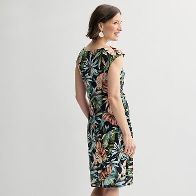 Petite Studio Connection Printed Cap Sleeve Asymmetrical Neck Drape Skirt Dress
