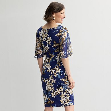 Petite Studio Connection Printed Side Tab Saron Skirt Dress with Chiffon Short Sleeves