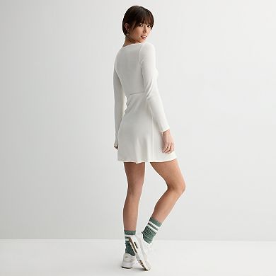 Juniors' Live To Be Spoiled Cozy Long Sleeve Tie Square Neck Dress