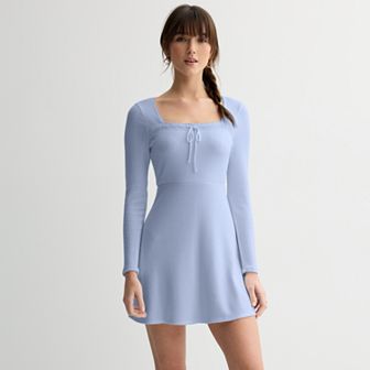 Juniors' Live To Be Spoiled Cozy Long Sleeve Tie Square Neck Dress