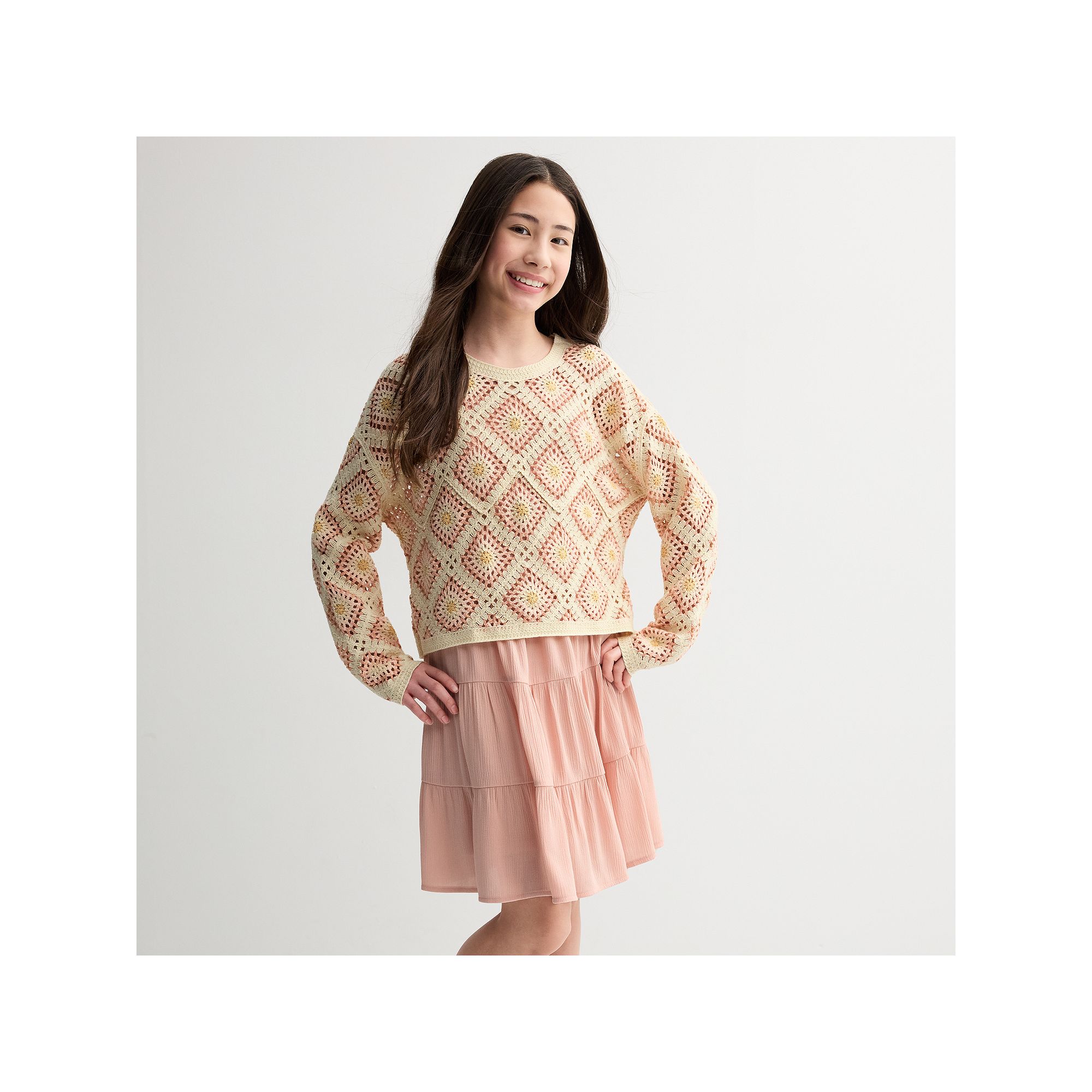 Girls 7-16 Mini Society Crochet Top & Dress Set, Girls, Size: Small, Pink
