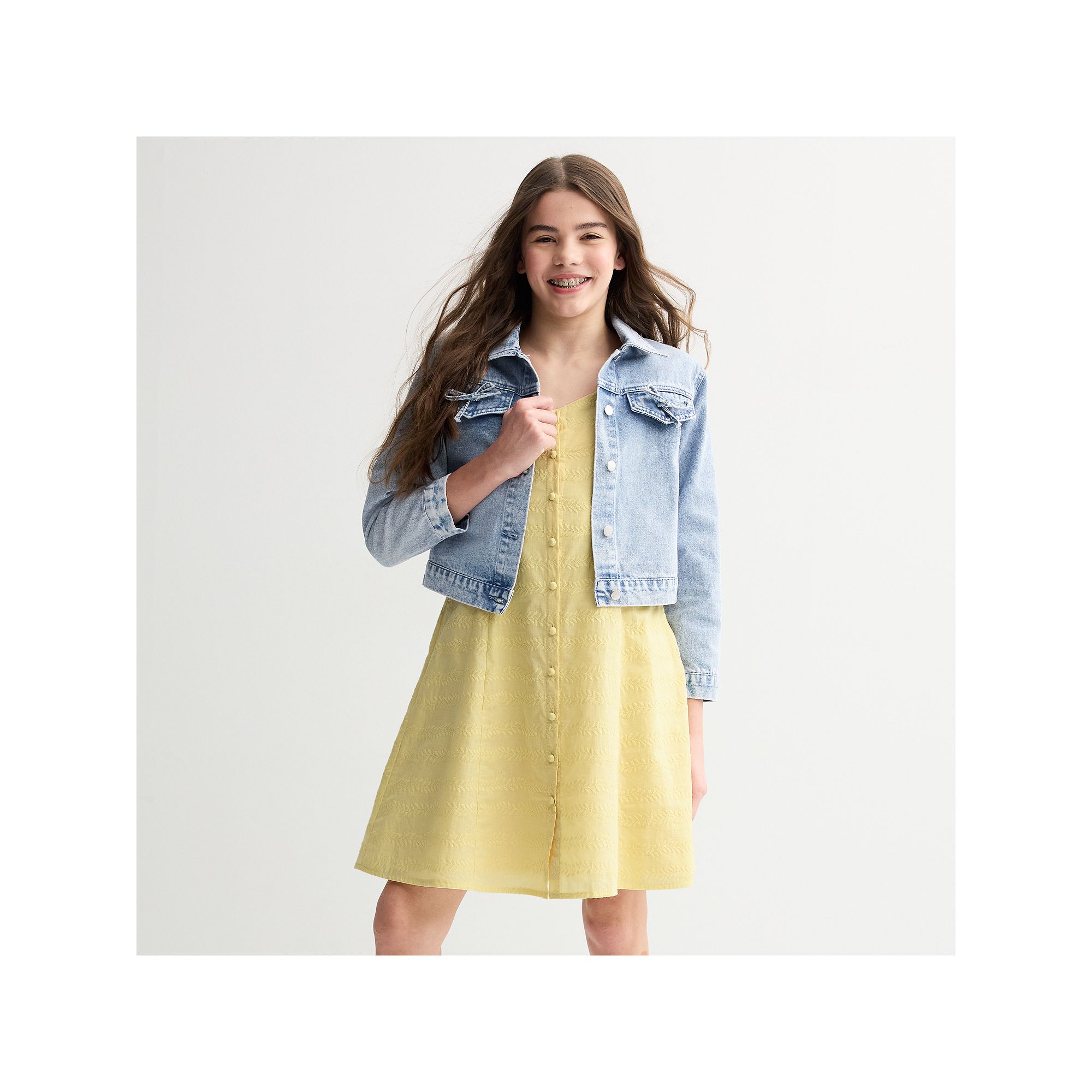 Girls 7-16 Mini Society Bow Denim Jacket & Button Dress Set, Girls, Size: 