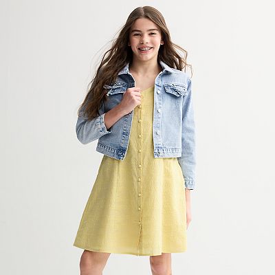 Girls 7-16 Mini Society Bow Denim Jacket Button Dress Set