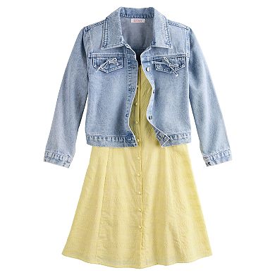 Girls 7-16 Mini Society Bow Denim Jacket & Button Dress Set