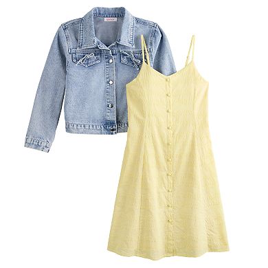 Girls 7-16 Mini Society Bow Denim Jacket & Button Dress Set
