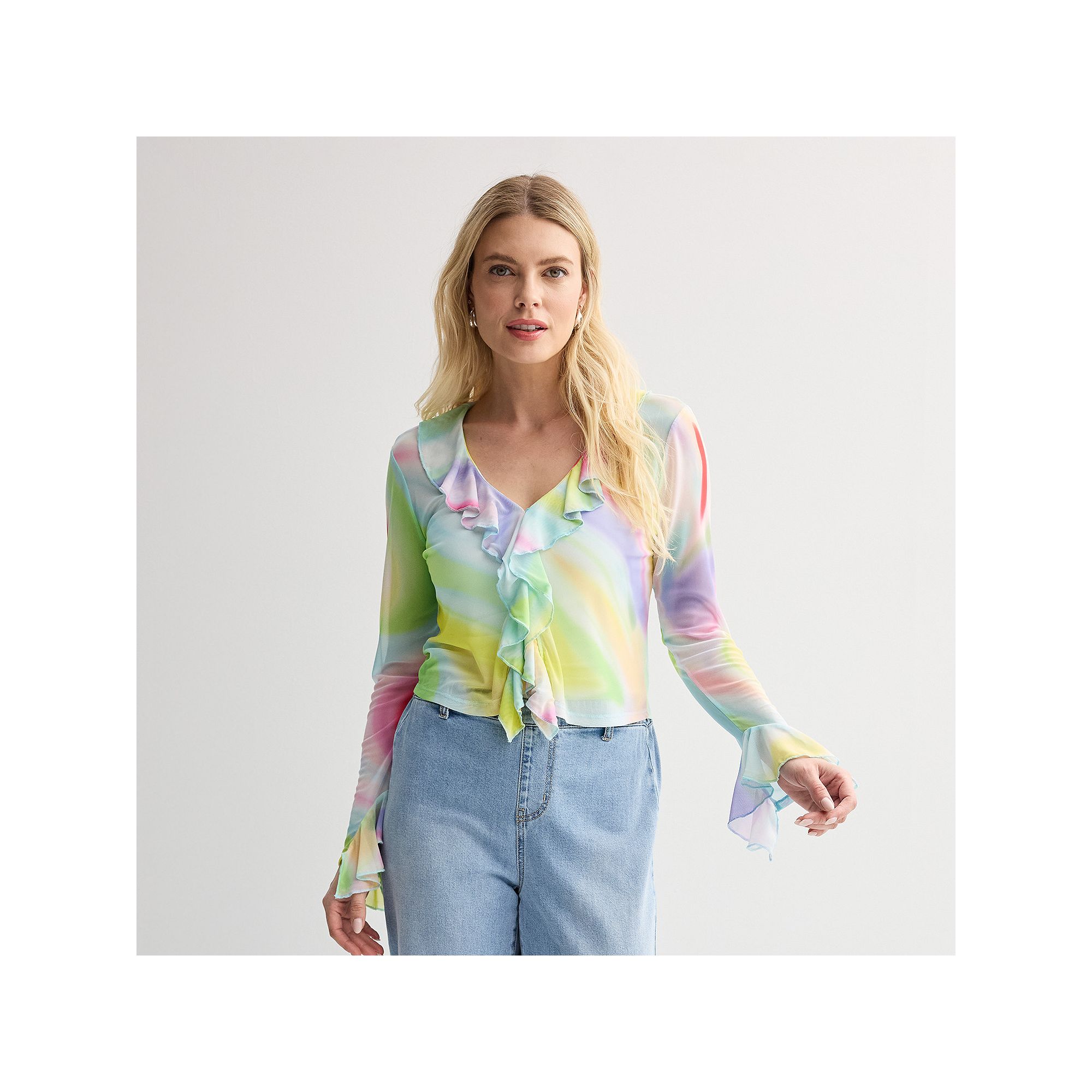 Womens INTEMPO™ Front Opening Mesh Ruffle Blouse, Size: XS, Tie Dye