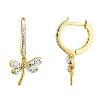 Chrystina Gold Tone Crystal Dragonfly Charm Hoop Earrings