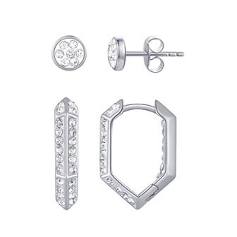 Chrystina Silver Tone 2-pair Crystal Disc Stud & Hexagon Hoop Earring Set
