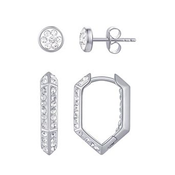 Chrystina Silver Tone 2-pair Crystal Disc Stud & Hexagon Hoop Earring Set