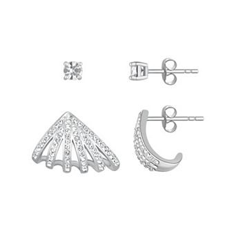 Chrystina Silver Tone 2-pair Crystal Stud & Fan Post Hoop Earring Set