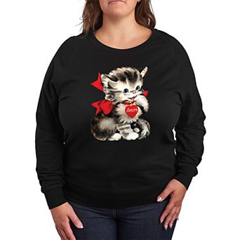 Plus Size Amore Vintage Valentine's Kitten French Terry Long Sleeve Tee
