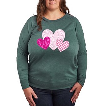 Plus Size Pink Retro Patterned Hearts French Terry Long Sleeve Tee