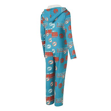 Women's Concepts Sport Aqua Miami Dolphins Roadway Allover Print Microfleece Full-Zip Union Suit