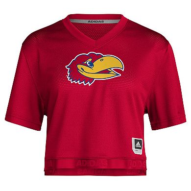 Women's adidas Red Kansas Jayhawks Primegreen V-Neck Cropped Jersey