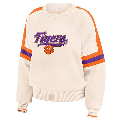Women's WEAR by Erin Andrews Cream Clemson Tigers Chenille Woven Patch Stripe Pullover Sweater