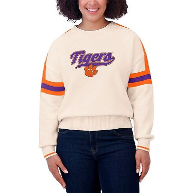 Women's WEAR by Erin Andrews Cream Clemson Tigers Chenille Woven Patch Stripe Pullover Sweater