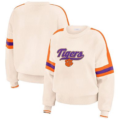 Women's WEAR by Erin Andrews Cream Clemson Tigers Chenille Woven Patch Stripe Pullover Sweater