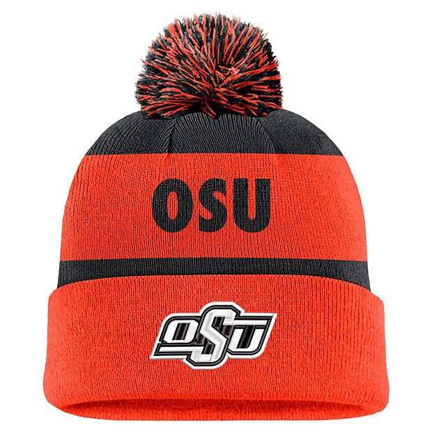 Men s Nike Navy Orange Oklahoma State Cowboys Peak Stripe Cuffed Knit Hat with Pom