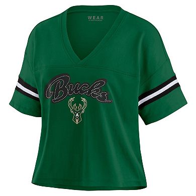 Women's WEAR by Erin Andrews Hunter Green Milwaukee Bucks Plus Size Color Block Boxy V-Neck T-Shirt