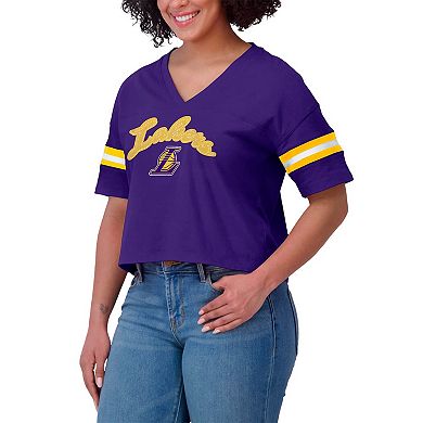 Women's WEAR by Erin Andrews Purple Los Angeles Lakers Plus Size Color Block Boxy V-Neck T-Shirt