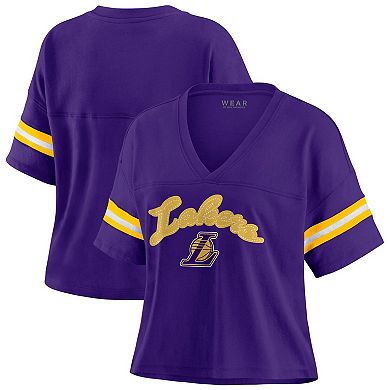 Women's WEAR by Erin Andrews Purple Los Angeles Lakers Plus Size Color Block Boxy V-Neck T-Shirt