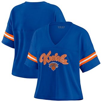Women's WEAR by Erin Andrews Blue New York Knicks Plus Size Color Block Boxy V-Neck T-Shirt