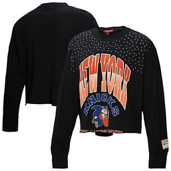 Women's Mitchell & Ness Black New York Knicks Hardwood Classics Studded Boxy Cropped Long Sleeve T-Shirt