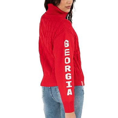 Women's Lusso Red Georgia Bulldogs Sylvie Cable Knit Turtleneck Pullover Sweater