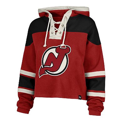 Women's '47 Jack Hughes Red New Jersey Devils Superior Lacer Cropped Pullover Hoodie
