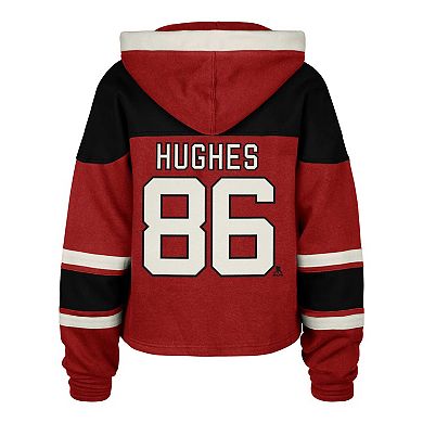 Women's '47 Jack Hughes Red New Jersey Devils Superior Lacer Cropped Pullover Hoodie