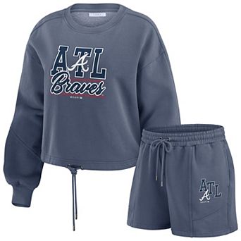 Women's WEAR by Erin Andrews Navy Atlanta Braves Washed Fleece Sweatshirt & Shorts Lounge Set