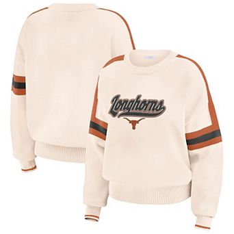 Women's WEAR by Erin Andrews Cream Texas Longhorns Chenille Woven Patch Stripe Pullover Sweater