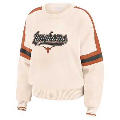 Women's WEAR by Erin Andrews Cream Texas Longhorns Chenille Woven Patch Stripe Pullover Sweater