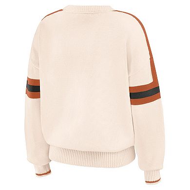 Women's WEAR by Erin Andrews Cream Texas Longhorns Chenille Woven Patch Stripe Pullover Sweater