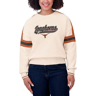 Women's WEAR by Erin Andrews Cream Texas Longhorns Chenille Woven Patch Stripe Pullover Sweater