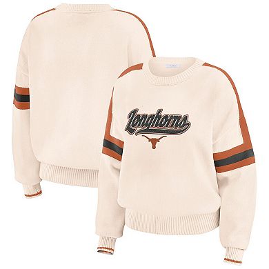 Women's WEAR by Erin Andrews Cream Texas Longhorns Chenille Woven Patch Stripe Pullover Sweater