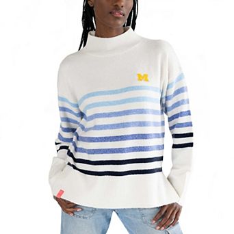 Women's Lusso White Michigan Wolverines Simone Striple Mock Neck Oversized Pullover Sweatshirt