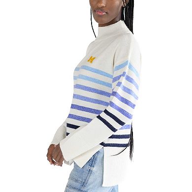 Women's Lusso White Michigan Wolverines Simone Striple Mock Neck Oversized Pullover Sweater