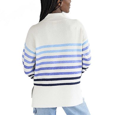 Women's Lusso White Michigan Wolverines Simone Striple Mock Neck Oversized Pullover Sweater
