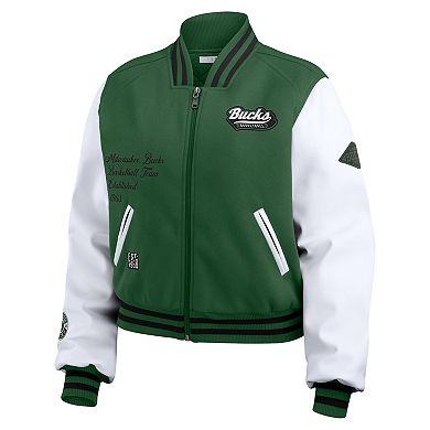 Women's WEAR by Erin Andrews Hunter Green/White Milwaukee Bucks Cropped Varsity Full-Zip Jacket