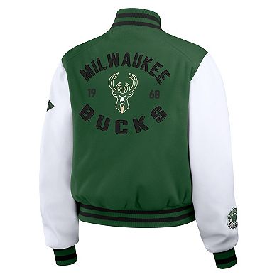 Women's WEAR by Erin Andrews Hunter Green/White Milwaukee Bucks Cropped Varsity Full-Zip Jacket