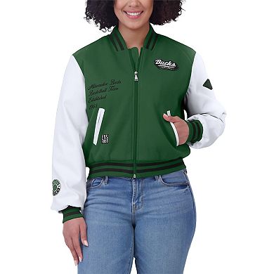 Women's WEAR by Erin Andrews Hunter Green/White Milwaukee Bucks Cropped Varsity Full-Zip Jacket