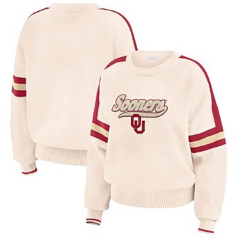 Women's WEAR by Erin Andrews Cream Oklahoma Sooners Chenille Woven Patch Stripe Pullover Sweater